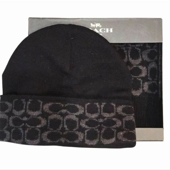 Coach‎ Black Logo Monogram Scarf & Beanie Hat Set